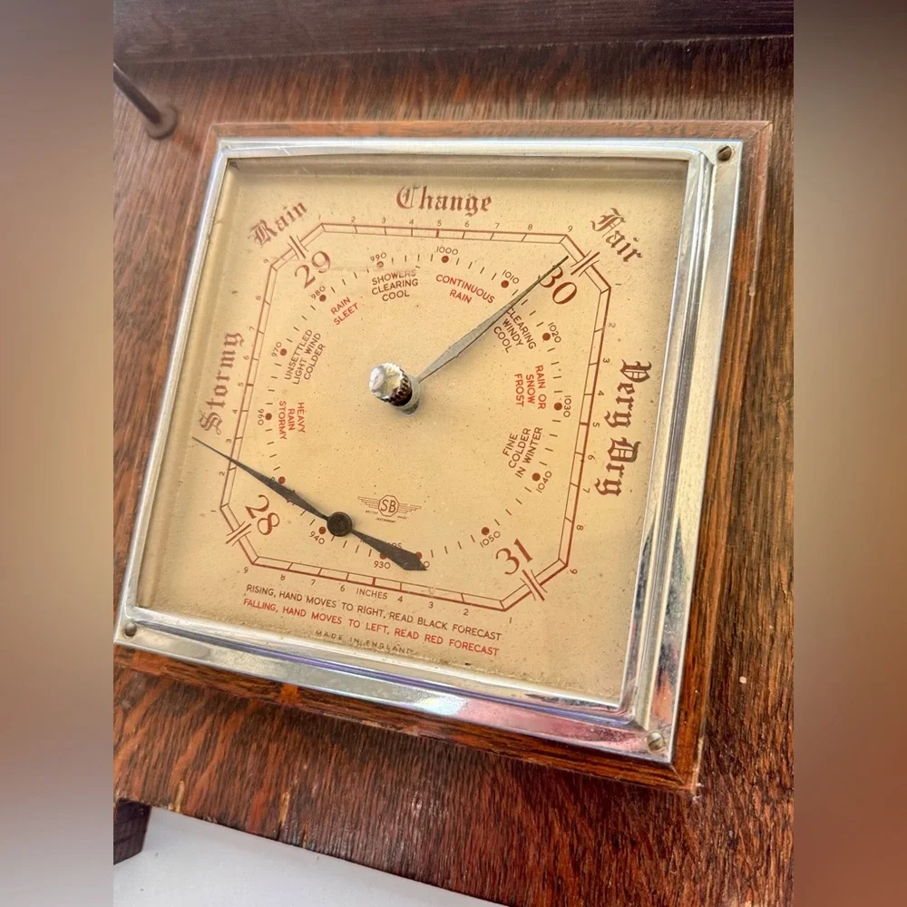 SB British Made Vintage Wooden Wall Clock Barometer w Key Hooks Hangers
